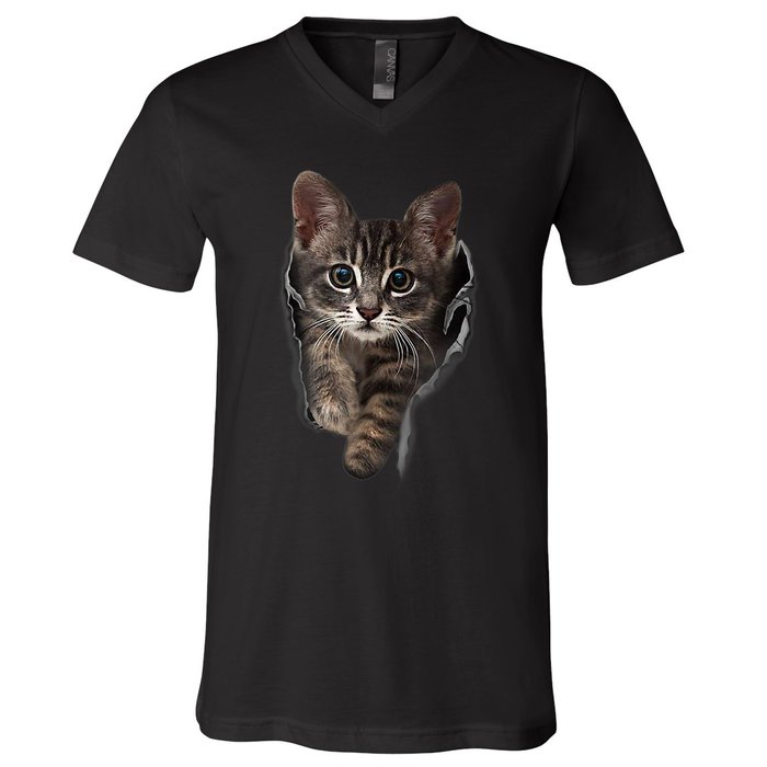 Brown Kitten Staring Cute TShirt Cats Gift V-Neck T-Shirt