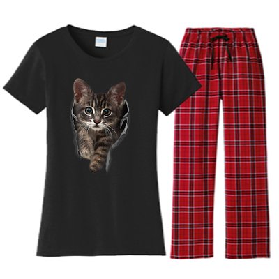 Brown Kitten Staring Cute TShirt Cats Gift Women's Flannel Pajama Set