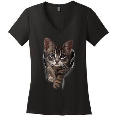 Brown Kitten Staring Cute TShirt Cats Gift Women's V-Neck T-Shirt