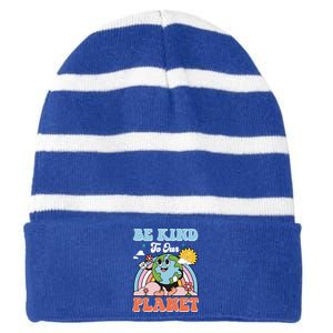 Be Kinds To Our Planet Cute Earth Day Rainbow Sun Funny Gift Striped Beanie with Solid Band