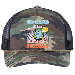 Be Kinds To Our Planet Cute Earth Day Rainbow Sun Funny Gift Retro Rope Trucker Hat Cap