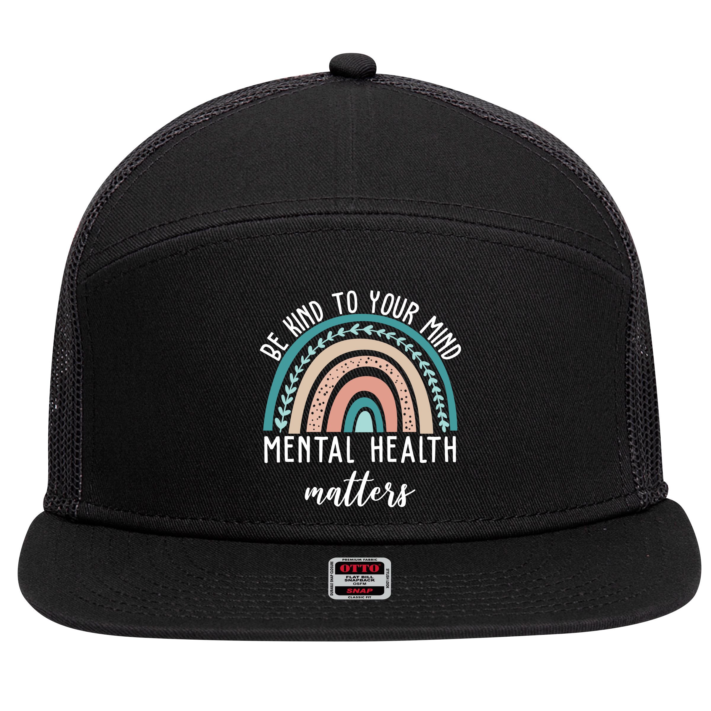 Be Kind To Your Mind Mental Health Matters Rainbow 7 Panel Mesh Trucker Snapback Hat