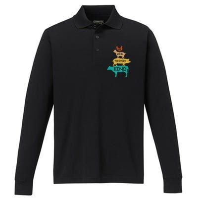 Be Kind To Every Kind Retro Vintage Funny Vegetarian Vegan Performance Long Sleeve Polo