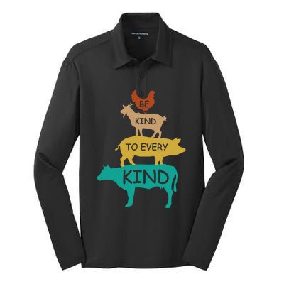 Be Kind To Every Kind Retro Vintage Funny Vegetarian Vegan Silk Touch Performance Long Sleeve Polo