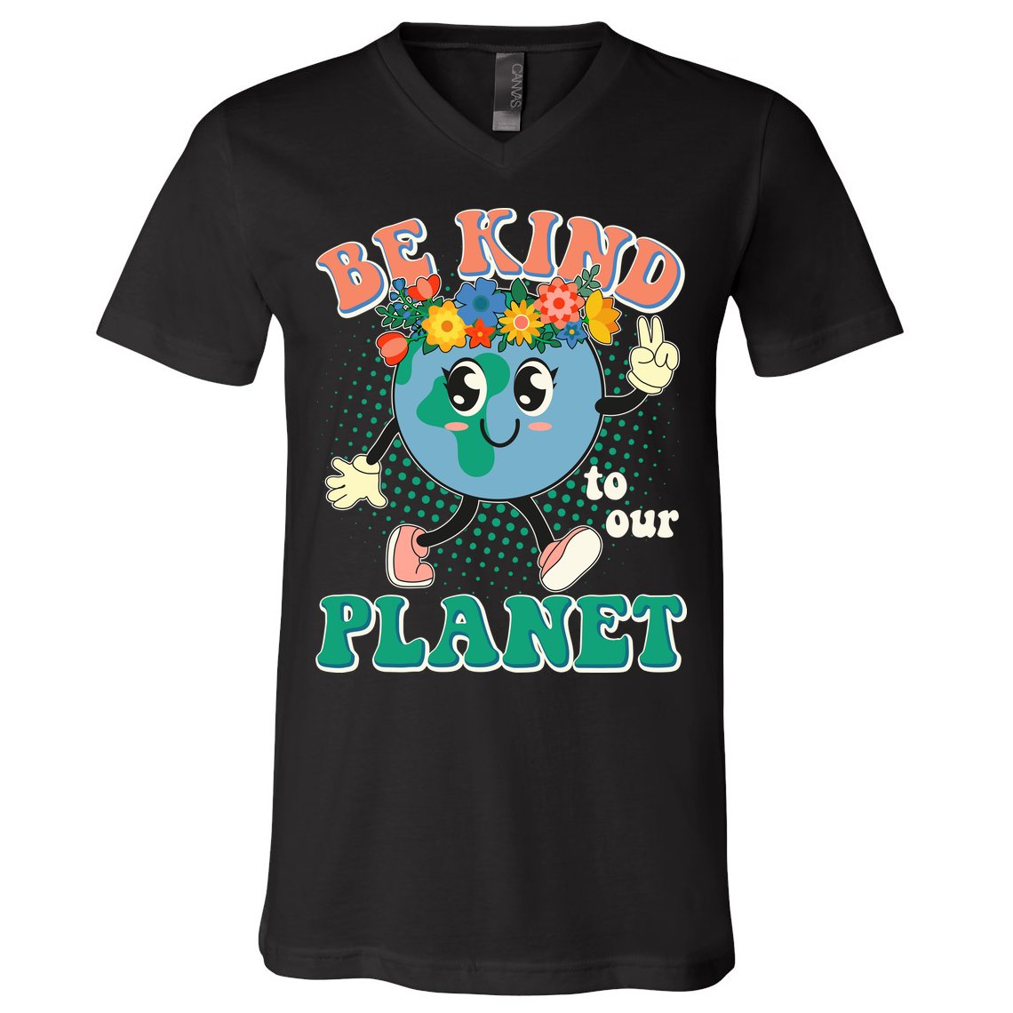 Be Kind To Our Planet Cute Retro Hippie Earth V-Neck T-Shirt