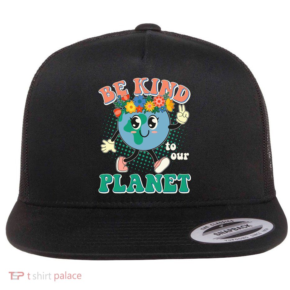 Be Kind To Our Planet Cute Retro Hippie Earth Flatbill Hat