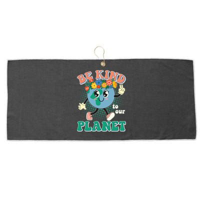 Be Kind To Our Planet Cute Retro Hippie Earth Large Microfiber Waffle Golf Towel