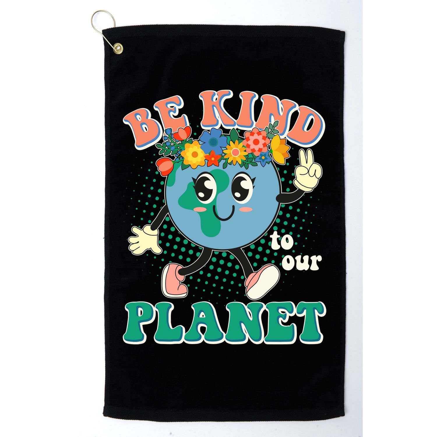 Be Kind To Our Planet Cute Retro Hippie Earth Golf Towel