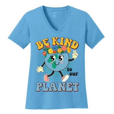 Be Kind To Our Planet Cute Retro Hippie Earth Women's V-Neck T-Shirt