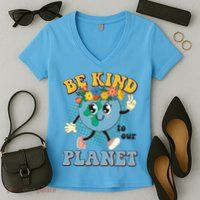 Be Kind To Our Planet Cute Retro Hippie Earth Women's V-Neck T-Shirt