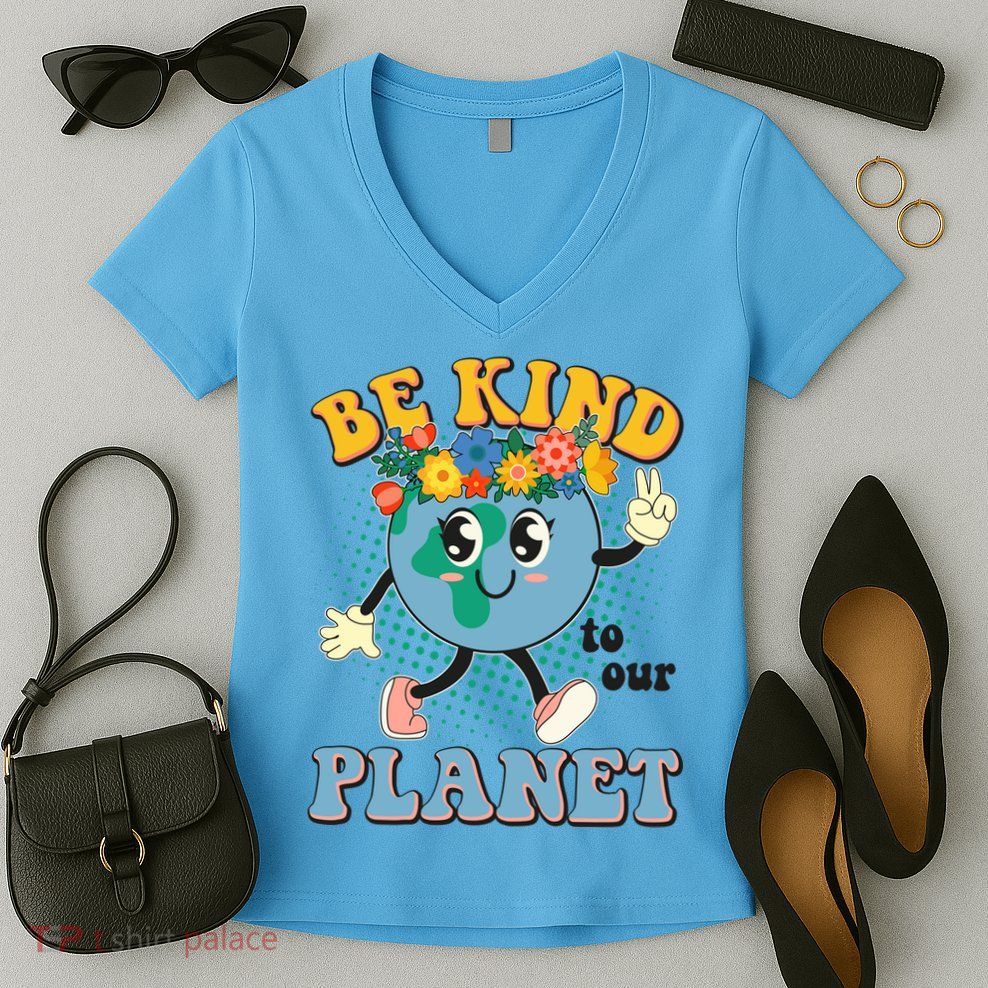 Be Kind To Our Planet Cute Retro Hippie Earth Women's V-Neck T-Shirt