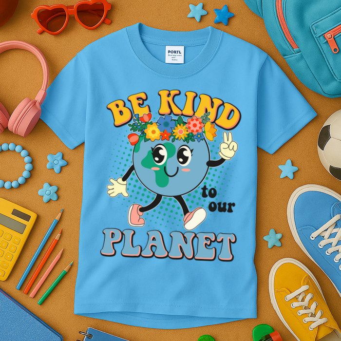 Be Kind To Our Planet Cute Retro Hippie Earth Kids T-Shirt