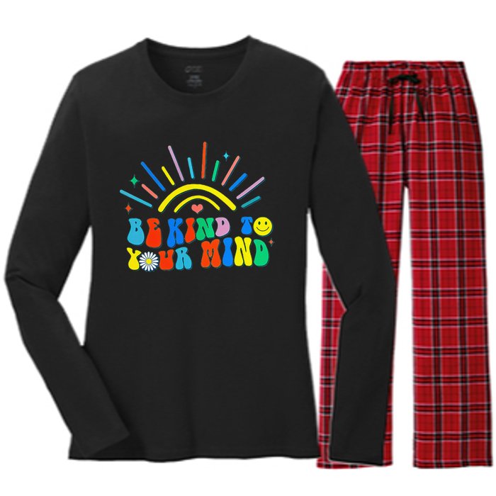 Be Kind To Your Mind Groovy Mental Health Matters Women's Long Sleeve Flannel Pajama Set 