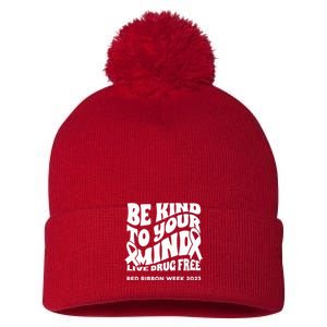 Be Kind To Your Mind Red Ribbon Week Drug Free Pom Pom 12in Knit Beanie