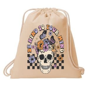 Be Kind To Your Mind Retro Floral Skull Mental illness Drawstring Bag