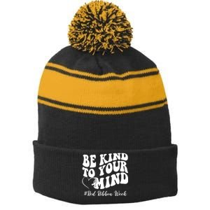 Be Kind To Your Mind Red Ribbon Week Groovy Stripe Pom Pom Beanie