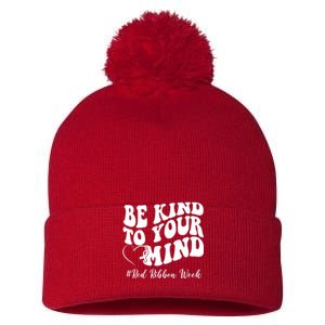 Be Kind To Your Mind Red Ribbon Week Groovy Pom Pom 12in Knit Beanie