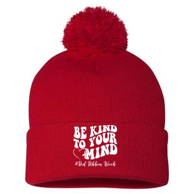 Be Kind To Your Mind Red Ribbon Week Groovy Pom Pom 12in Knit Beanie