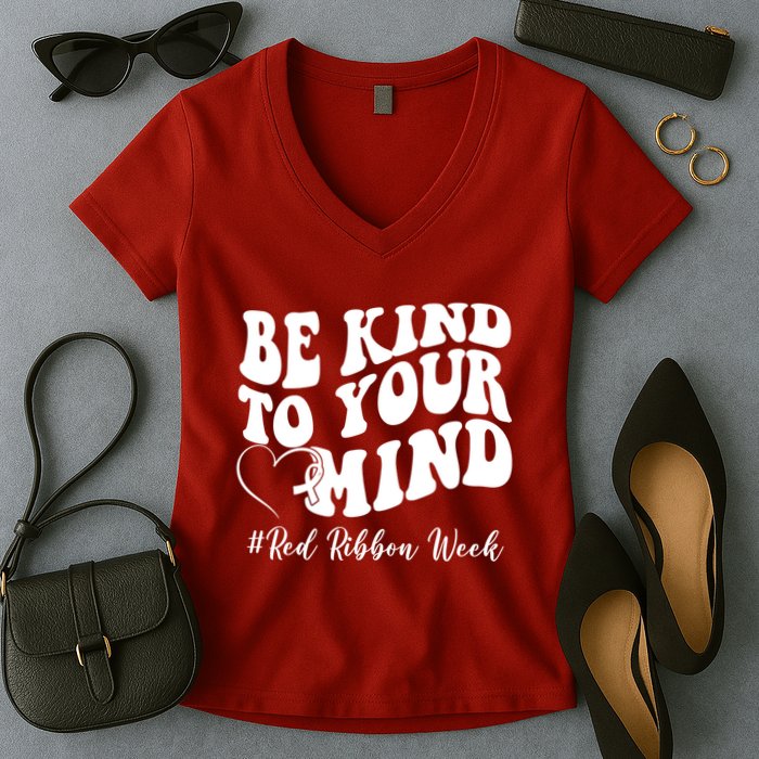 Be Kind To Your Mind Red Ribbon Week Groovy Women's V-Neck T-Shirt