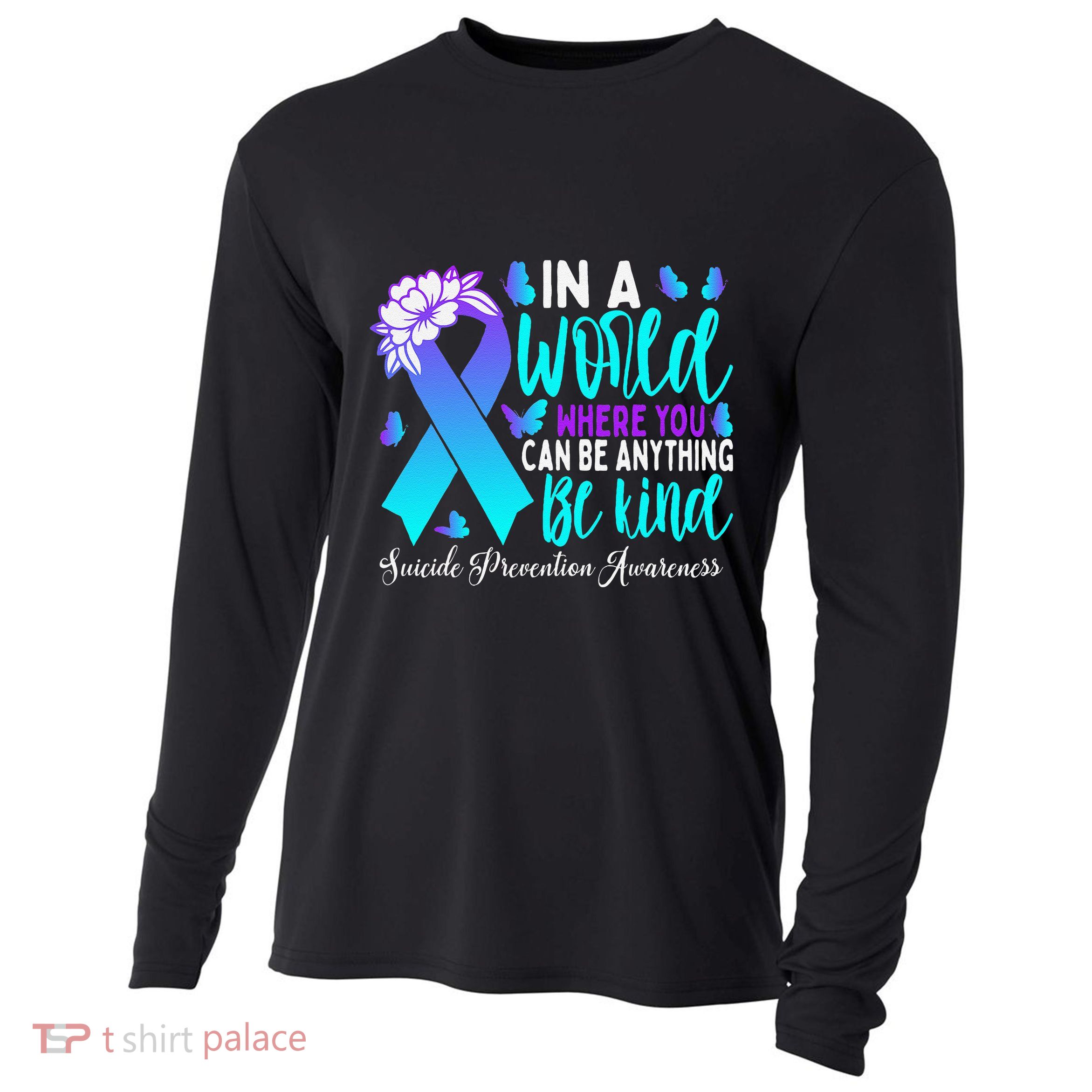Be Kind Teal Purple Ribbon Suicide Prevention Awareness Cooling Performance Long Sleeve Crew