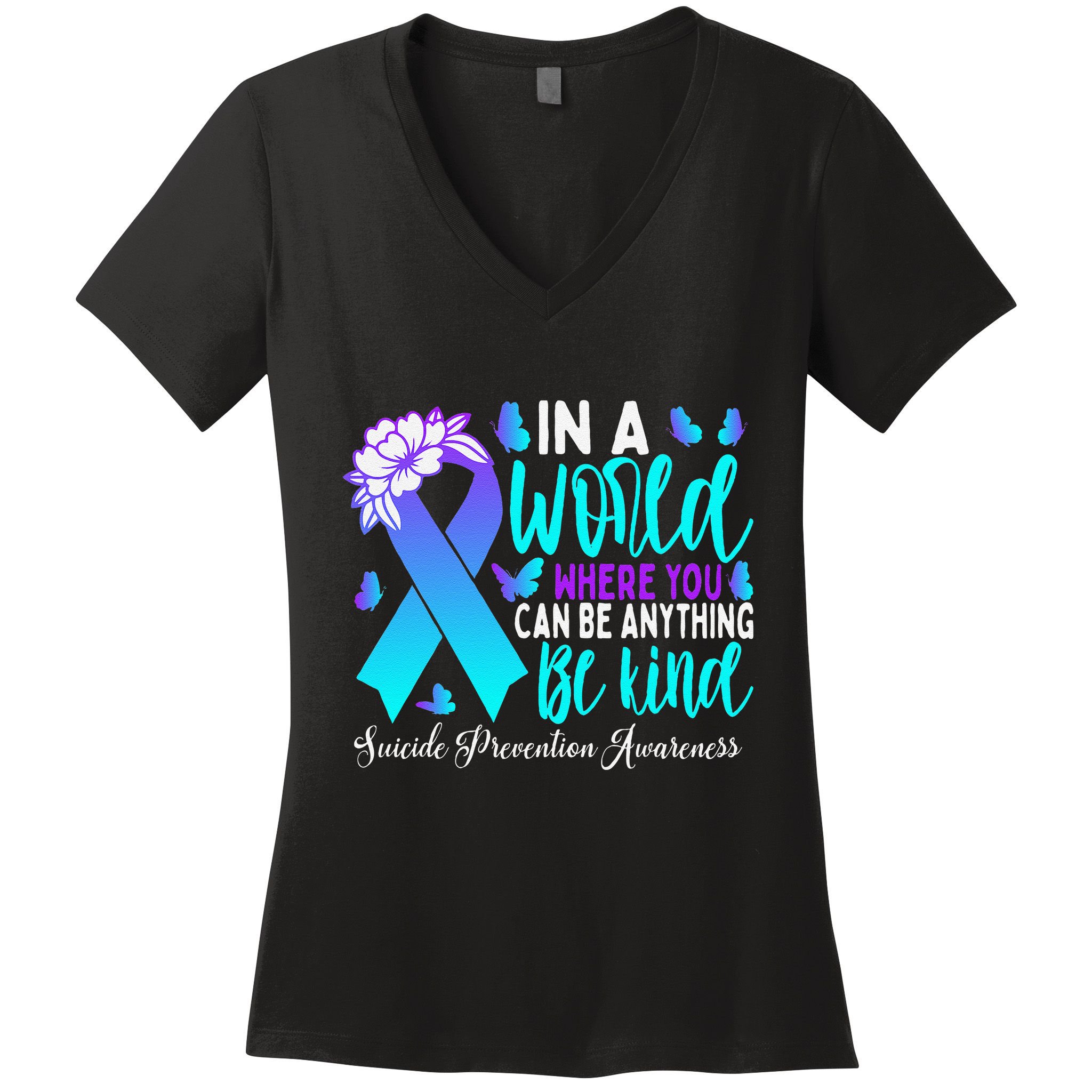 Be Kind Teal Purple Ribbon Suicide Prevention Awareness Women's V-Neck T-Shirt