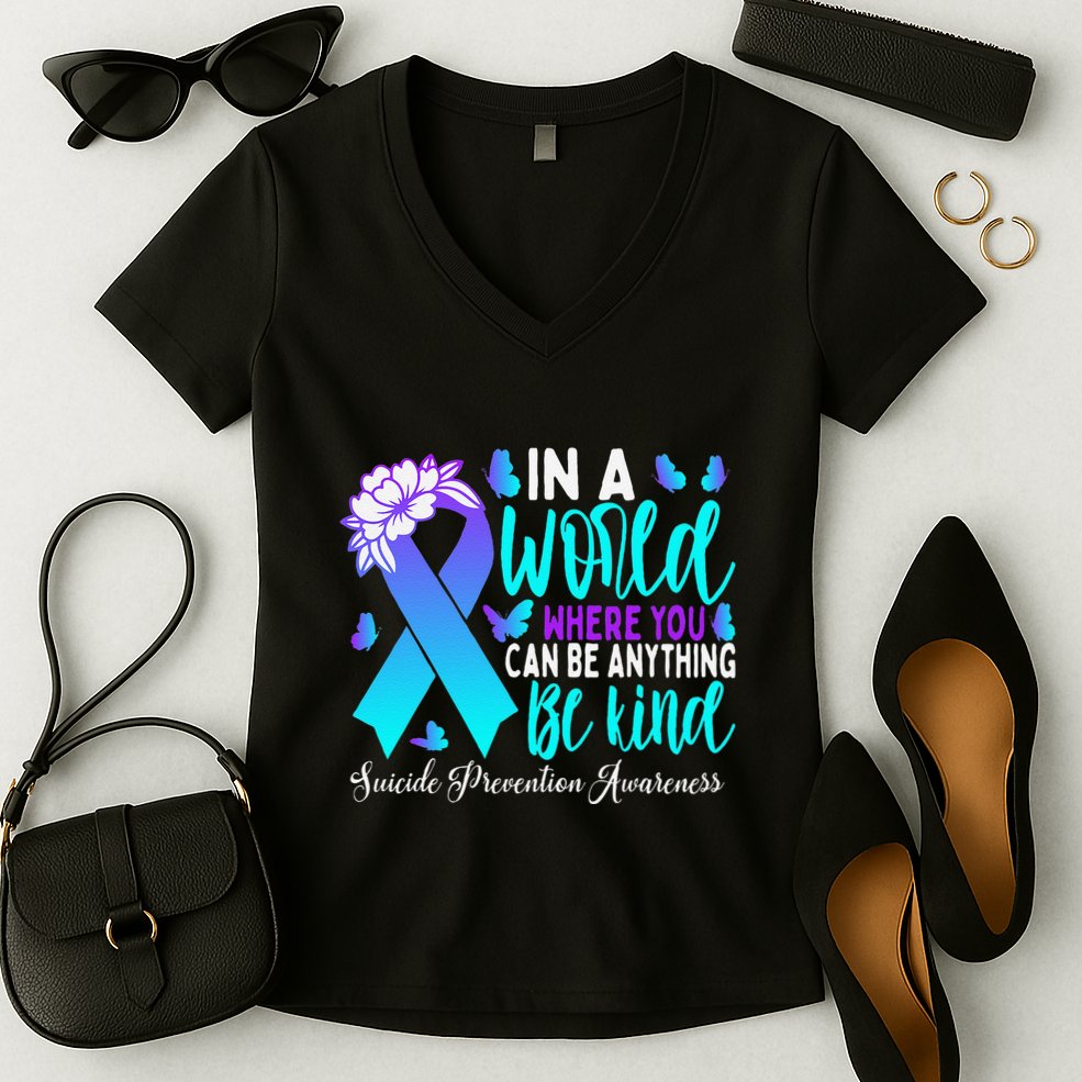 Be Kind Teal Purple Ribbon Suicide Prevention Awareness Women's V-Neck T-Shirt