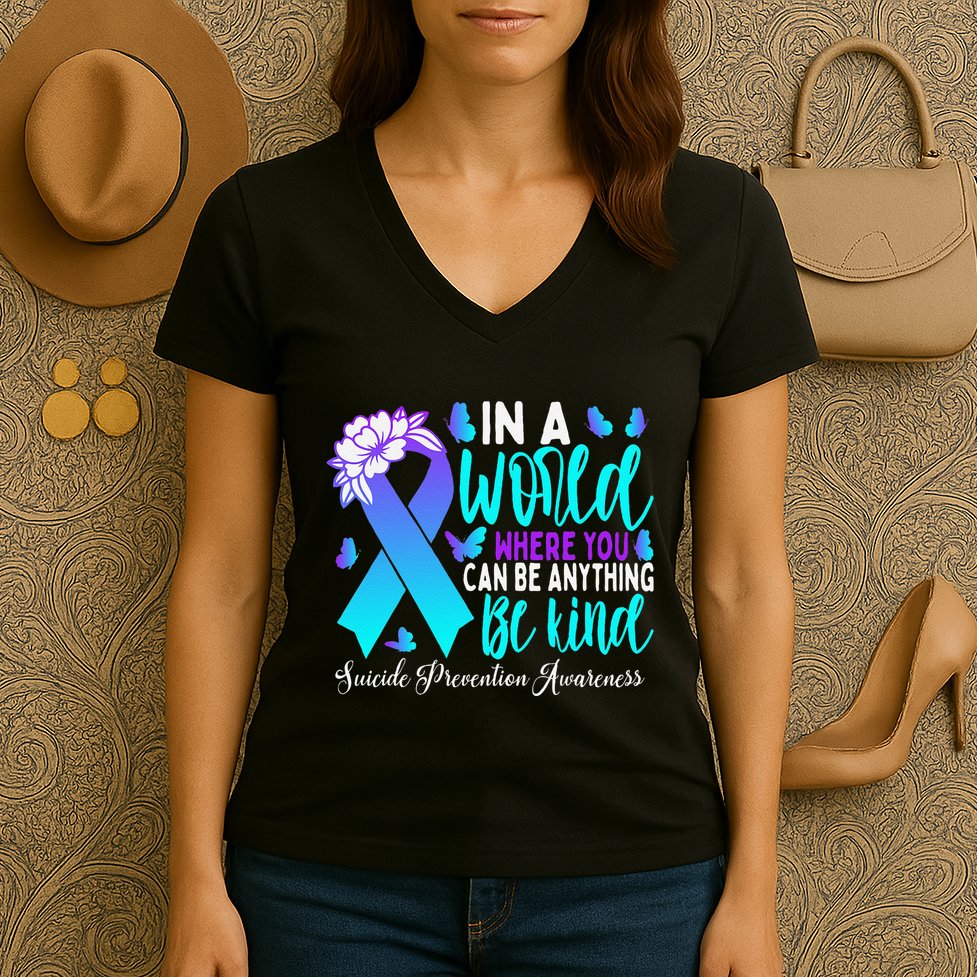 Be Kind Teal Purple Ribbon Suicide Prevention Awareness Women's V-Neck T-Shirt