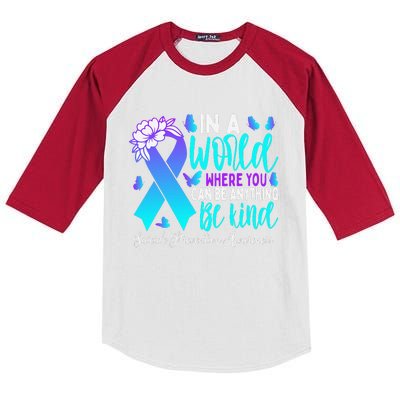 Be Kind Teal Purple Ribbon Suicide Prevention Awareness Kids Colorblock Raglan Jersey