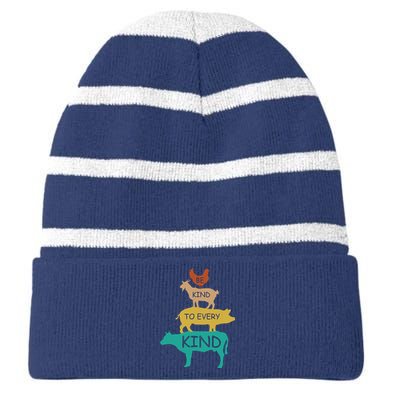 Be Kind To Every Kind Retro Vintage Funny Vegetarian Vegan Striped Beanie with Solid Band