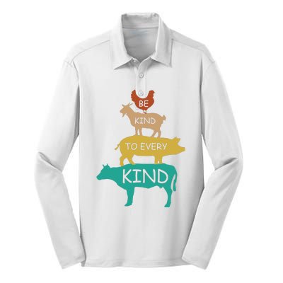 Be Kind To Every Kind Retro Vintage Funny Vegetarian Vegan Silk Touch Performance Long Sleeve Polo