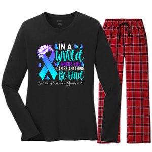 Be Kind Teal Purple Ribbon Suicide Prevention Awareness Women's Long Sleeve Flannel Pajama Set 