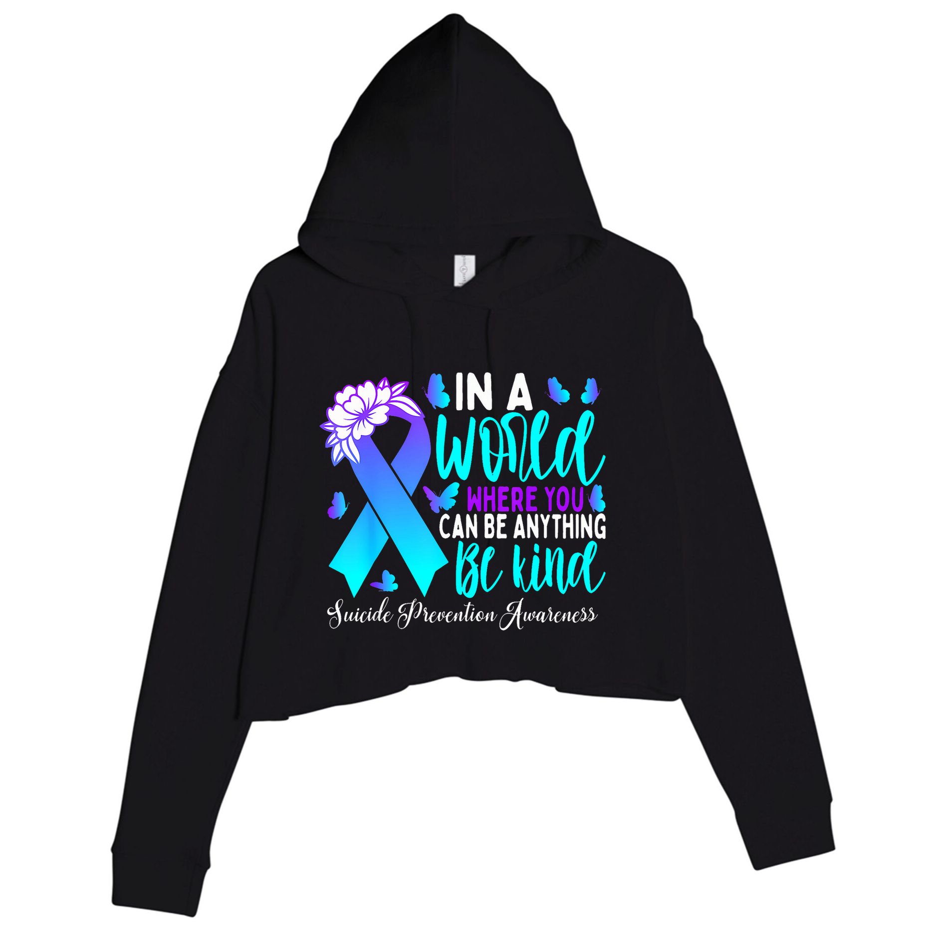 Be Kind Teal Purple Ribbon Suicide Prevention Awareness Crop Fleece Hoodie
