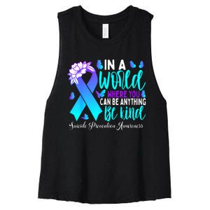 Be Kind Teal Purple Ribbon Suicide Prevention Awareness Women's Racerback Cropped Tank