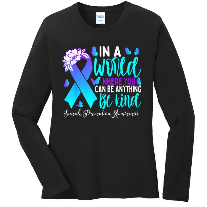 Be Kind Teal Purple Ribbon Suicide Prevention Awareness Ladies Long Sleeve Shirt