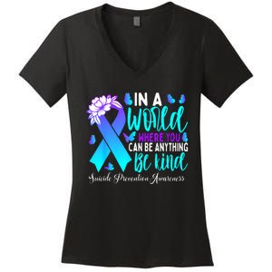 Be Kind Teal Purple Ribbon Suicide Prevention Awareness Women's V-Neck T-Shirt