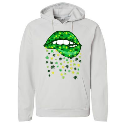 Biting Lips 420 Weed Cannabis Marijuana Stoner Gift Performance Fleece Hoodie