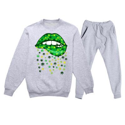 Biting Lips 420 Weed Cannabis Marijuana Stoner Gift Premium Crewneck Sweatsuit Set