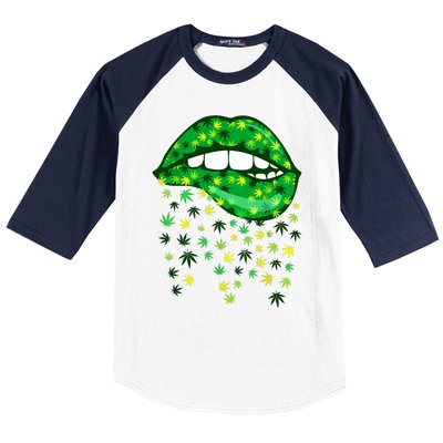 Biting Lips 420 Weed Cannabis Marijuana Stoner Gift Baseball Sleeve Shirt