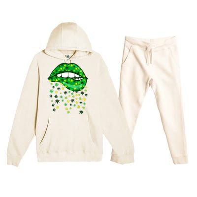 Biting Lips 420 Weed Cannabis Marijuana Stoner Gift Premium Hooded Sweatsuit Set