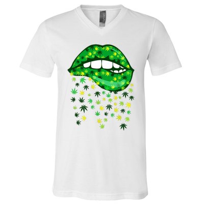 Biting Lips 420 Weed Cannabis Marijuana Stoner Gift V-Neck T-Shirt