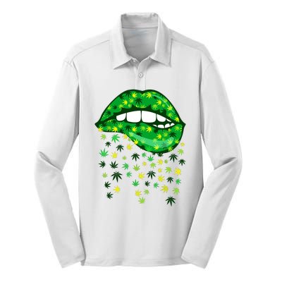 Biting Lips 420 Weed Cannabis Marijuana Stoner Gift Silk Touch Performance Long Sleeve Polo