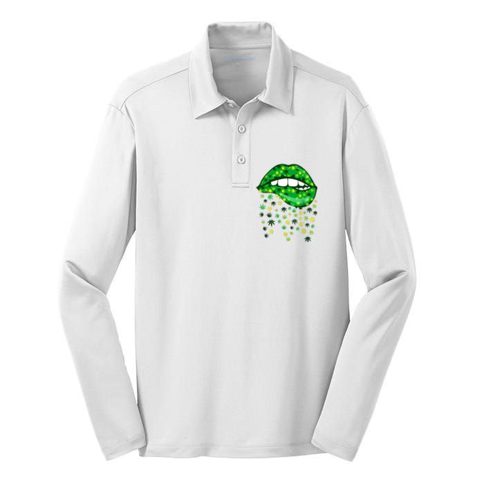 Biting Lips 420 Weed Cannabis Marijuana Stoner Gift Silk Touch Performance Long Sleeve Polo