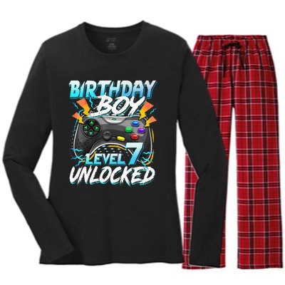 Birthday Level 7 Unlocked Video Game Birthday Party Women's Long Sleeve Flannel Pajama Set 