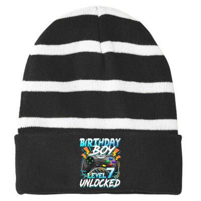 Birthday Level 7 Unlocked Video Game Birthday Party Striped Beanie with Solid Band