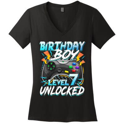 Birthday Level 7 Unlocked Video Game Birthday Party Women's V-Neck T-Shirt