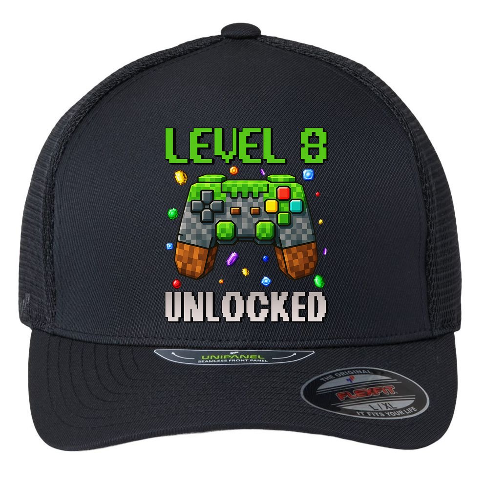 Birthday Level 8 Unlocked 8th Birthday Game Pixel Gift Flexfit Unipanel Trucker Cap