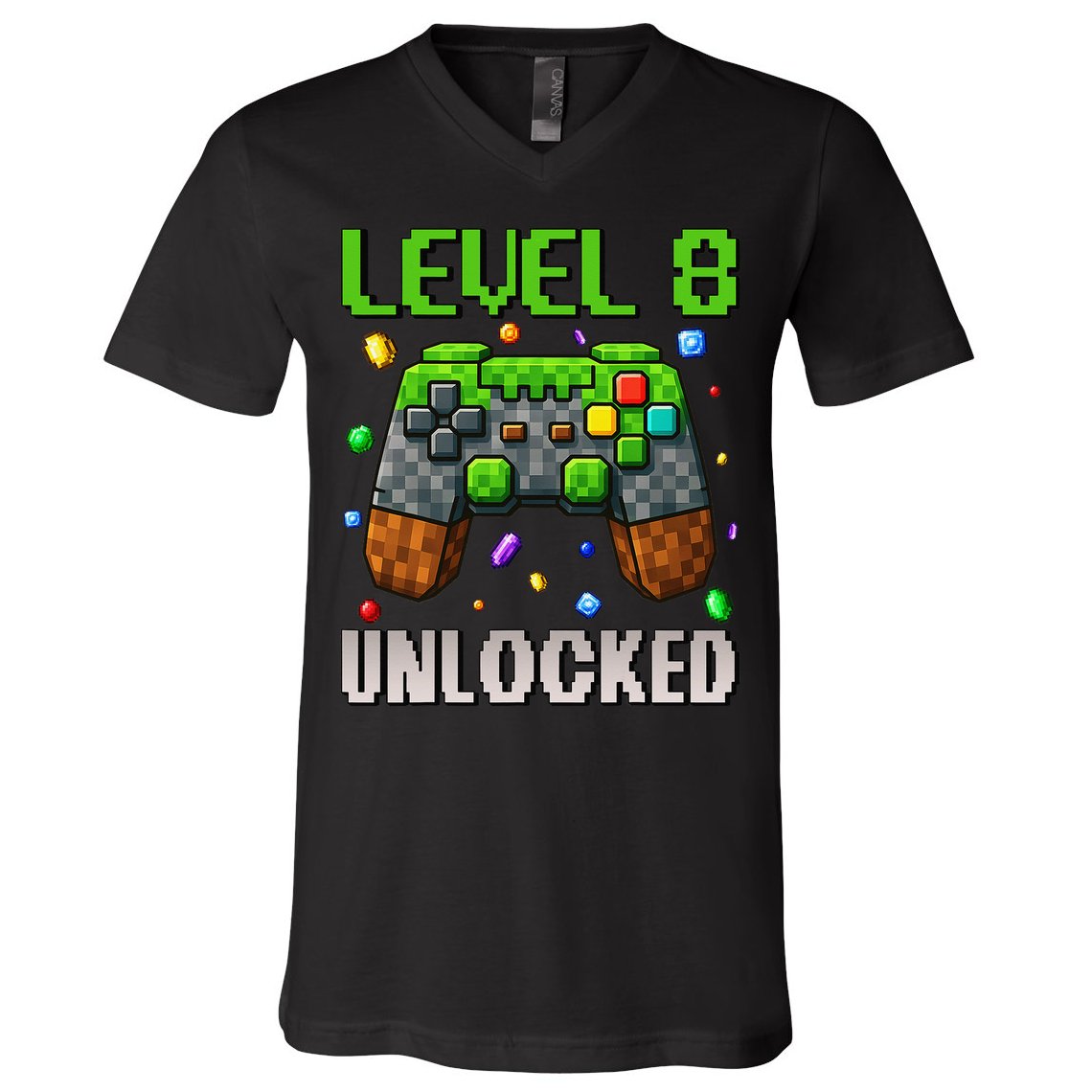 Birthday Level 8 Unlocked 8th Birthday Game Pixel Gift V-Neck T-Shirt