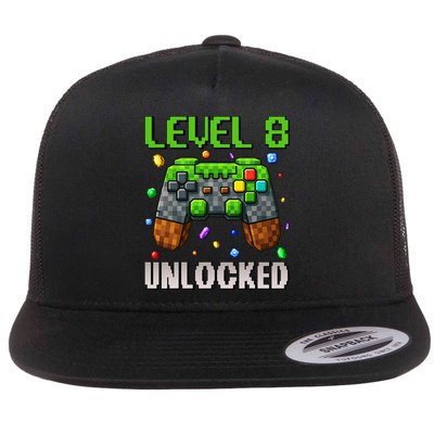 Birthday Level 8 Unlocked 8th Birthday Game Pixel Gift Flat Bill Trucker Hat