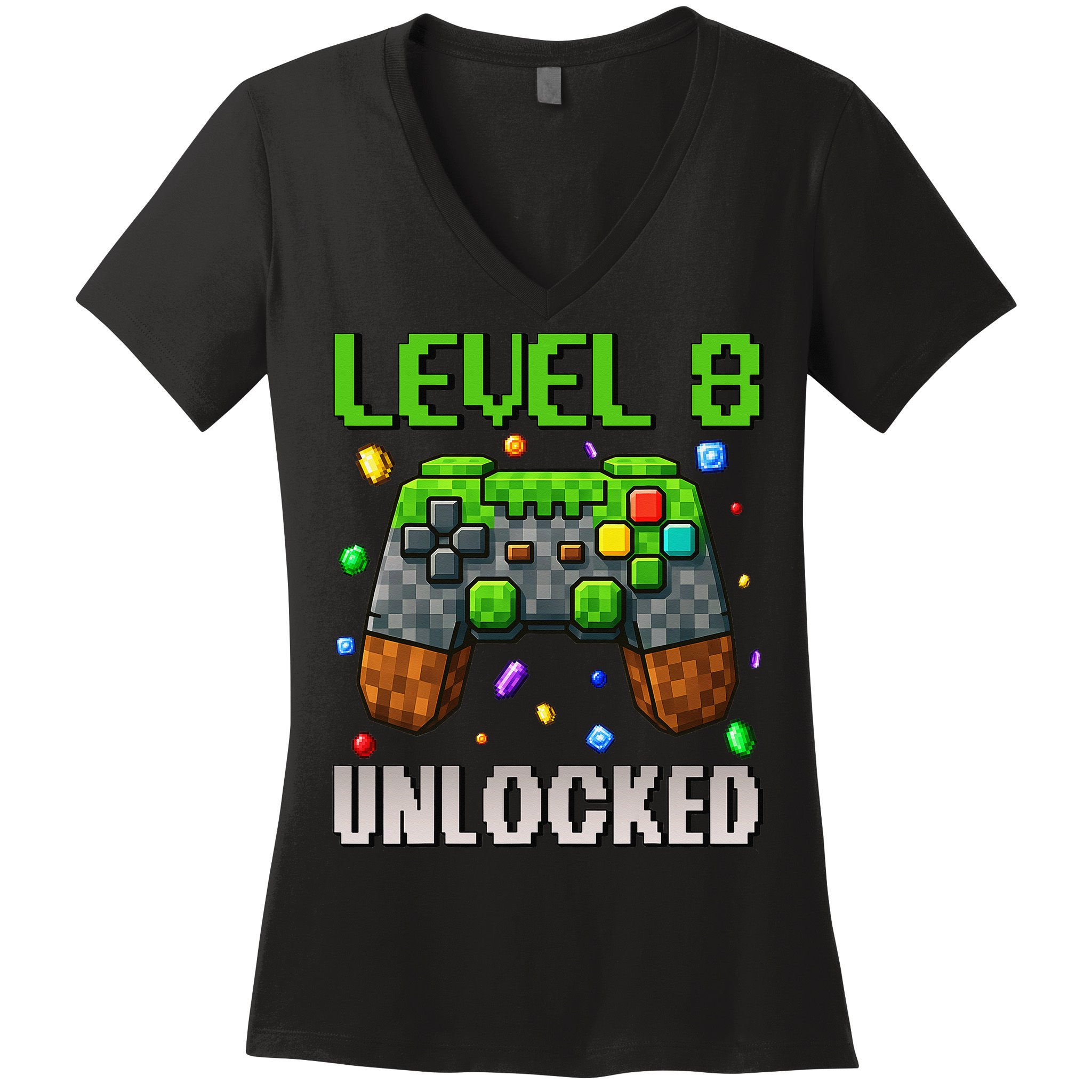 Birthday Level 8 Unlocked 8th Birthday Game Pixel Gift Women's V-Neck T-Shirt