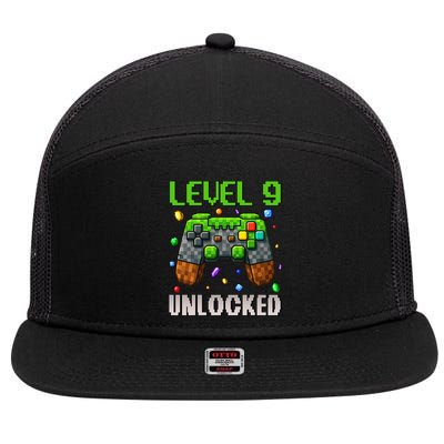 Birthday Level 9 Unlocked 9th Birthday Game Pixel Gift 7 Panel Mesh Trucker Snapback Hat